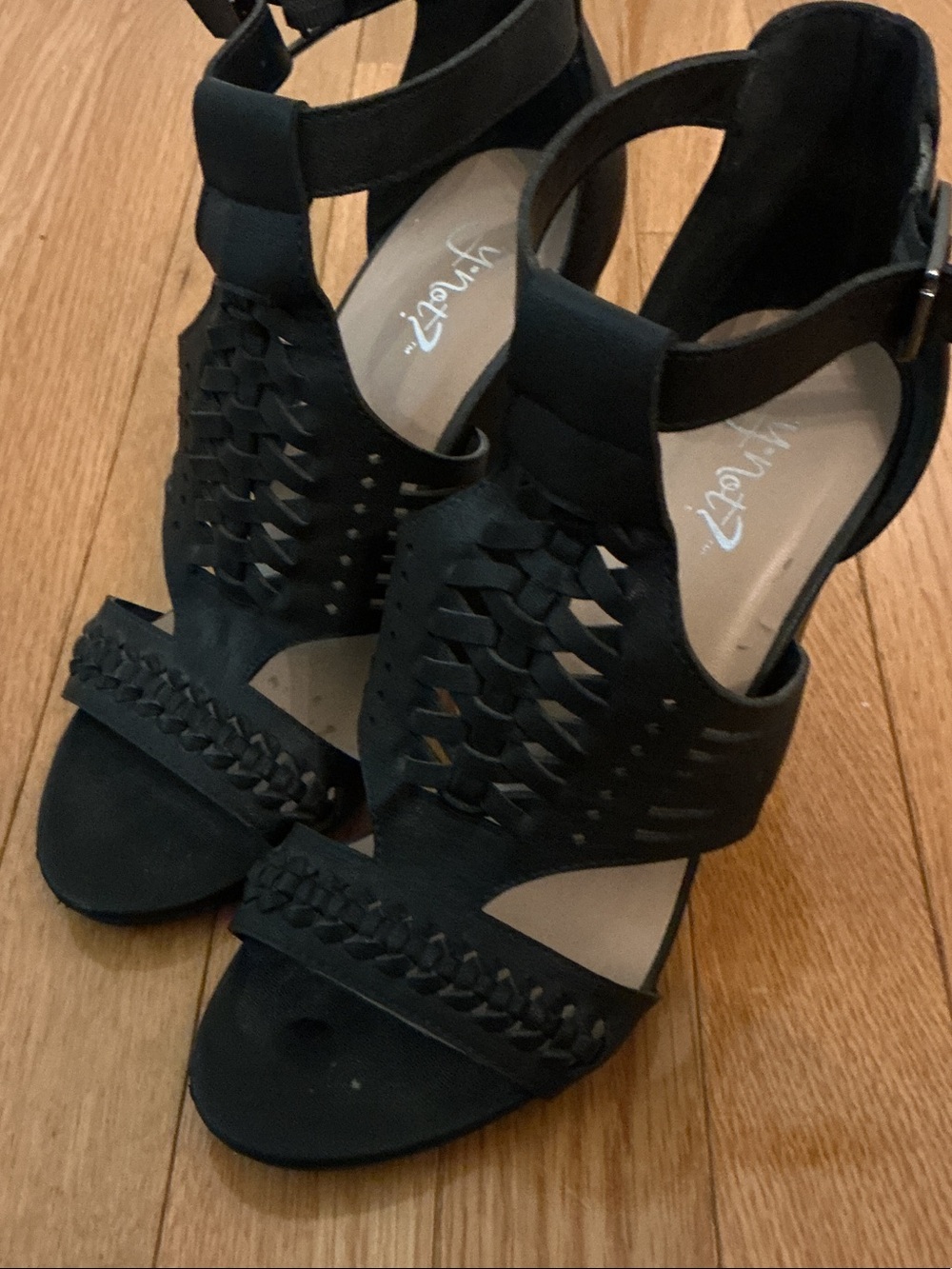 Women's Black Woven Ankle-Strap Heels